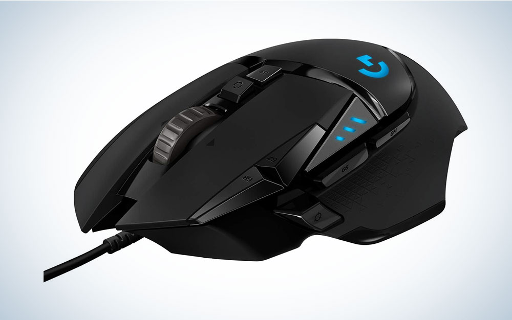Logitech G502 gaming mouse on a plain background