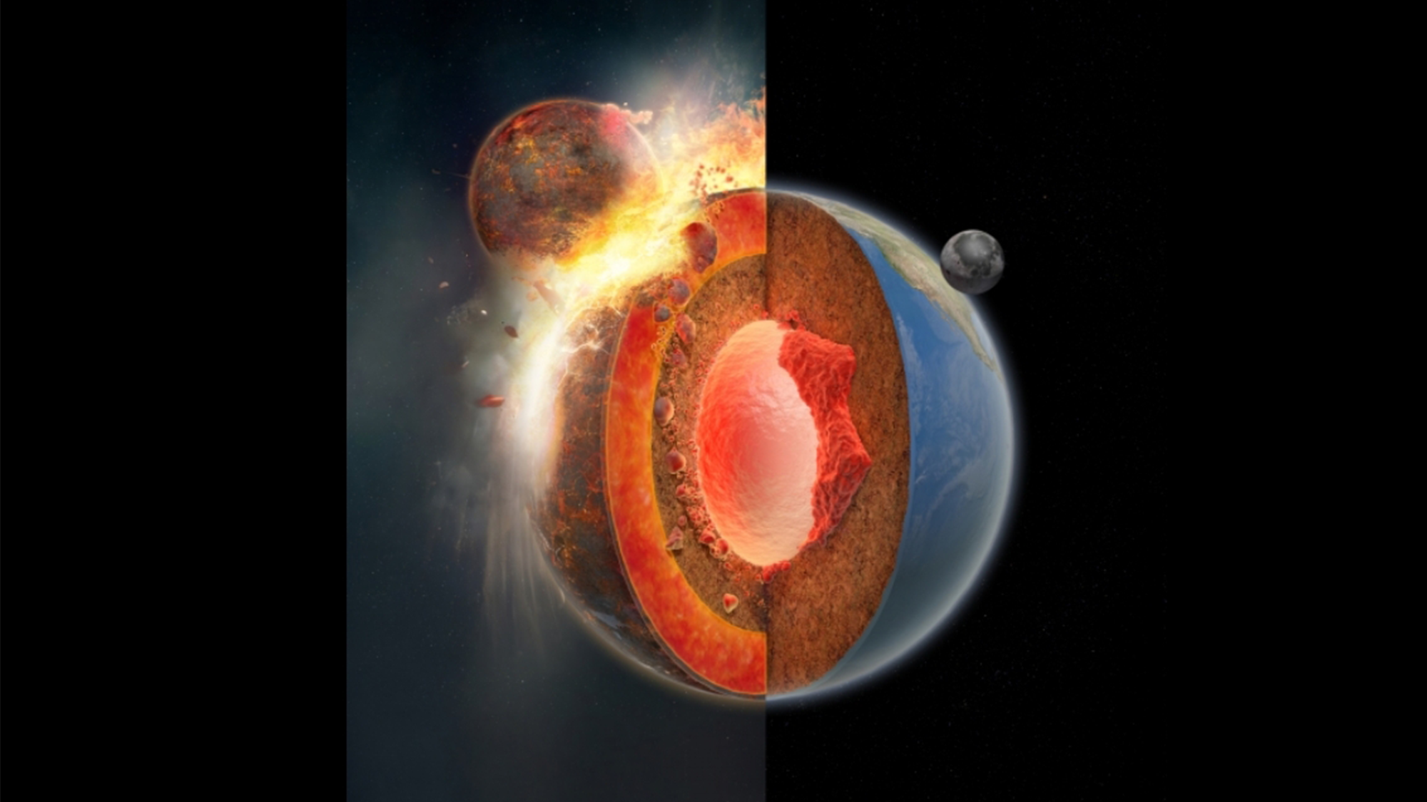 In this illustration, parts of the ancient planet Theia sink and accumulate at the bottom of the Earth’s mantle. This forms two ‘blobs’ called large low-velocity provinces (LLVPs) deep underneath the Earth.
