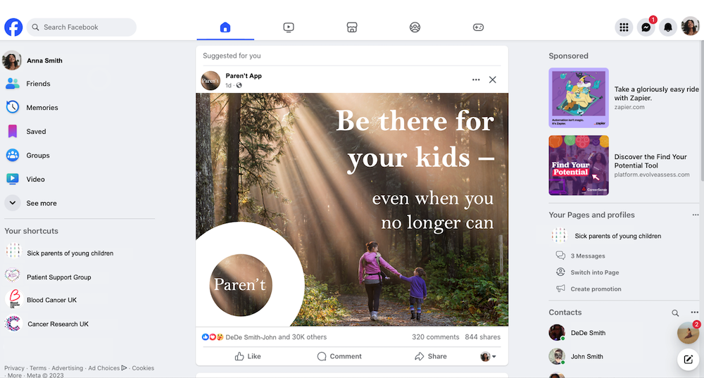 Fake Facebook ad for deadbot service for parents