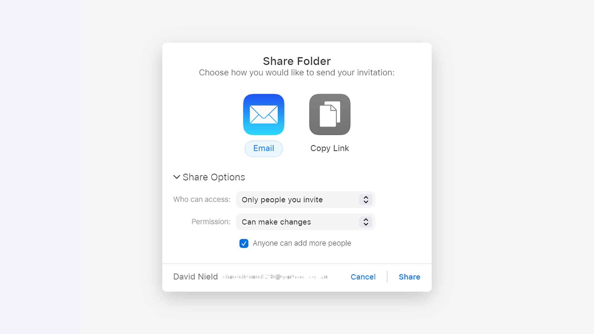 screenshot of apple share folder options