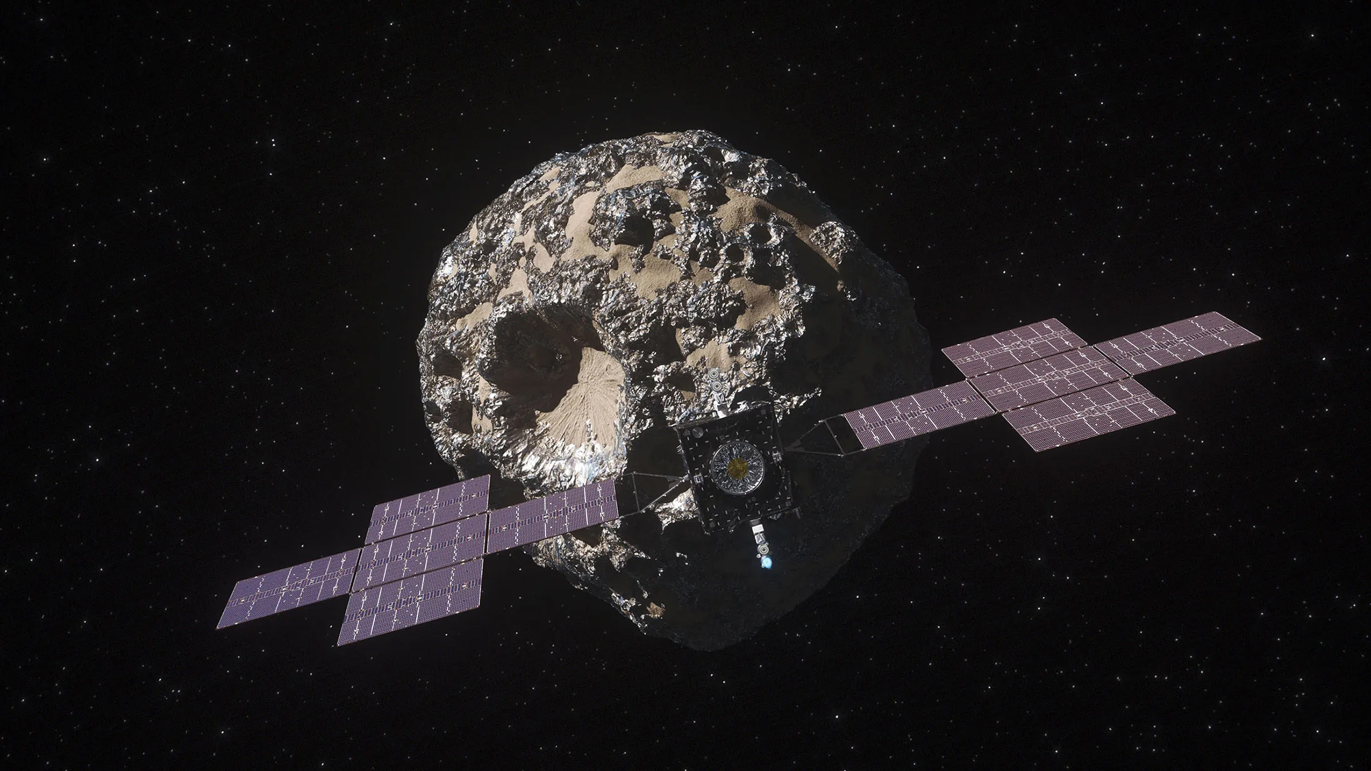 An illustration depicts a NASA spacecraft approaching the metal-rich asteroid Psyche. Though there are no plans to mine Psyche, such asteroids are being eyed for their valuable resources.