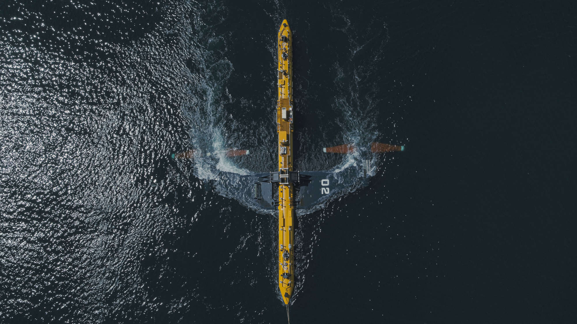 A tidal stream energy generator called the O2, made by Orbital Marine Power Ltd, extracts energy from the tides off the coast of Scotland and feeds it into the electric grid.