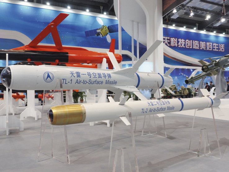 Two China TL-1 TL-2 Attack Missiles NORINCO displayed at an exhibition
