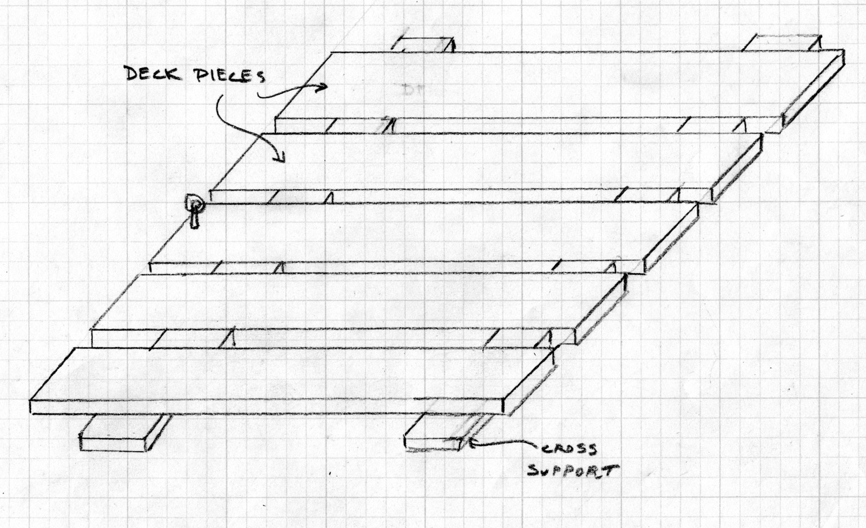 A plan for the snowball slingshot deck, showing where the deck pieces and cross supports go.