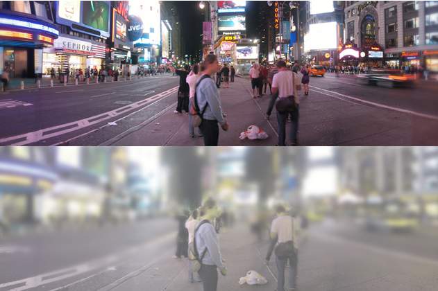 An illustration depicting a cat's wide field of vision compared to a human's.