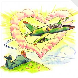 Illustration of a man falling in love with a plane