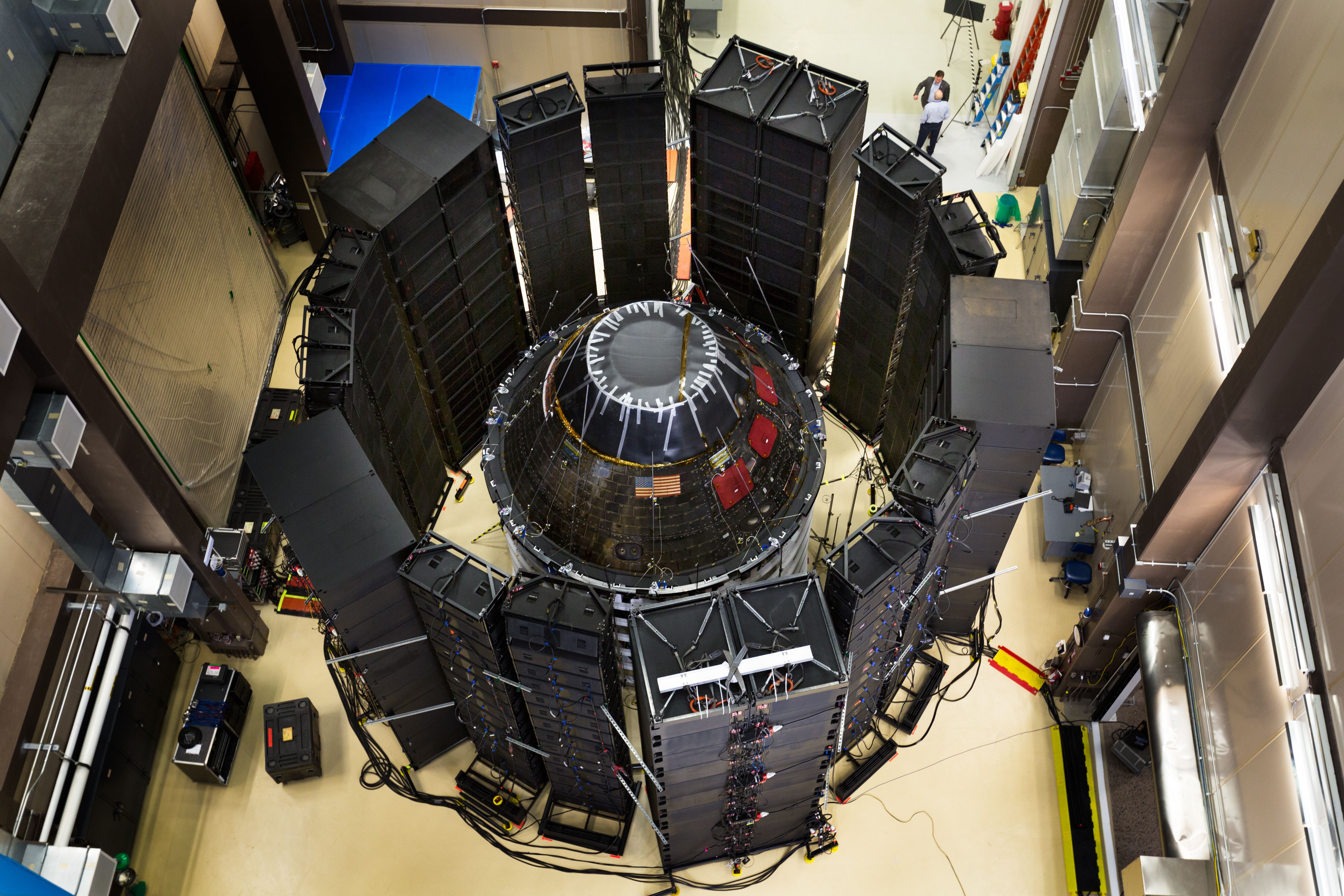 orion module surrounded by speakers, seen from above