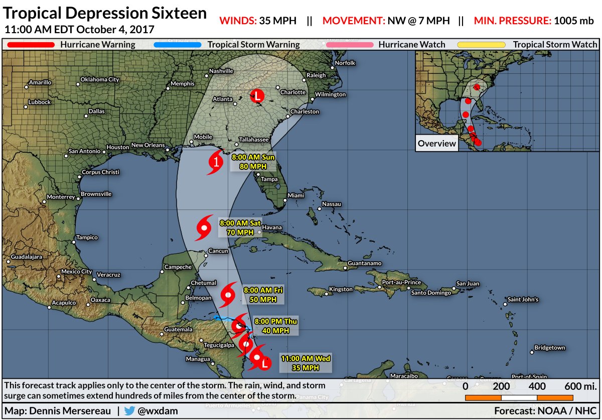 The National Hurricane Center’s forecast for Tropical Depression Sixteen at 11:00 AM EDT on October 4, 2017.