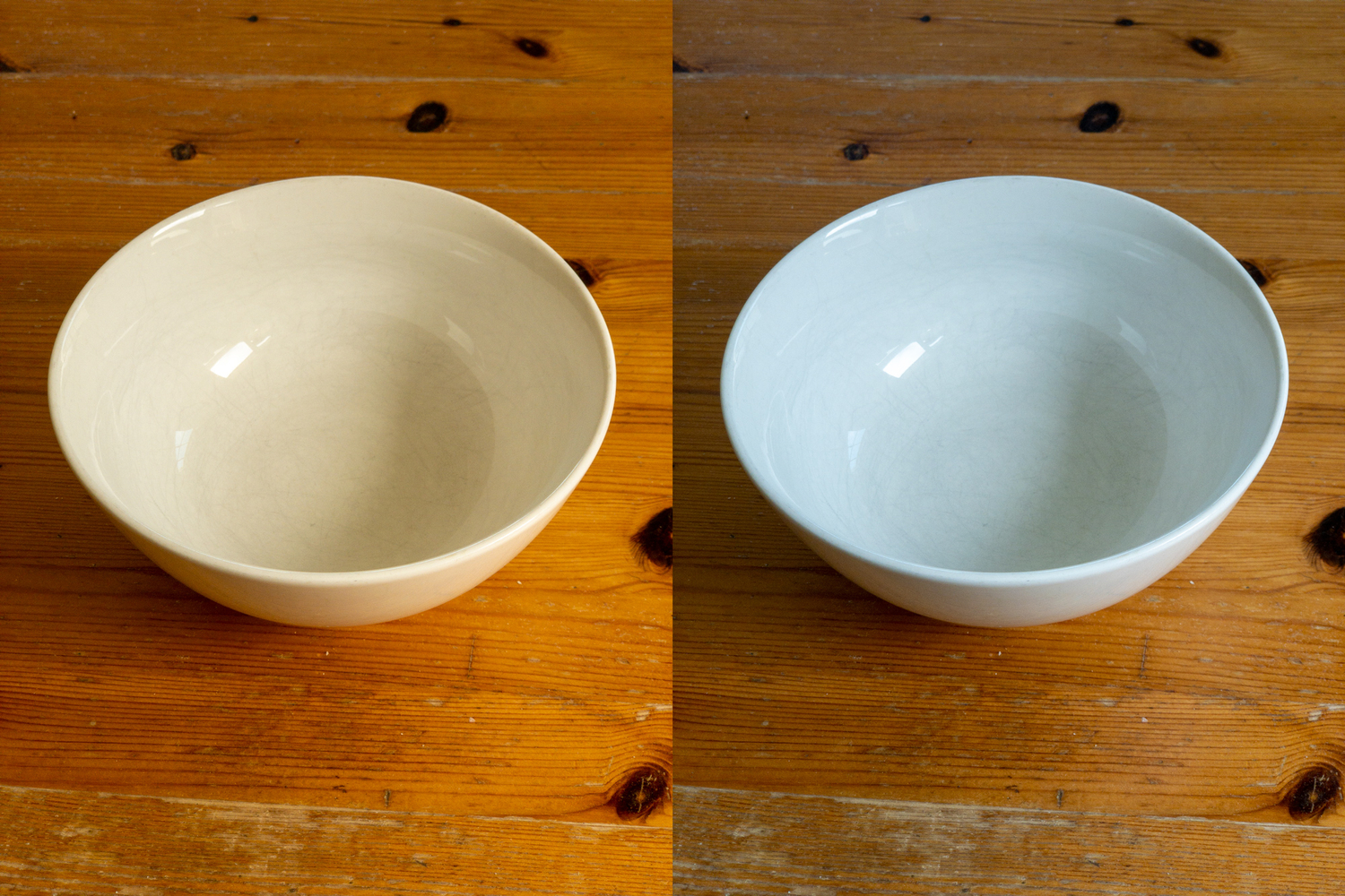 Pictures of bowls over a wooden table contrasted