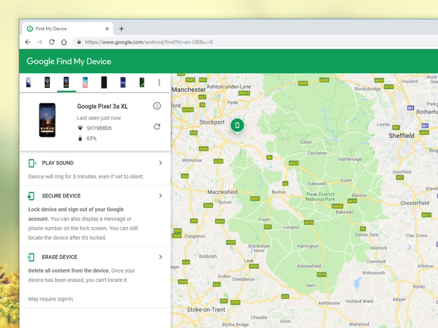 The Find My Device map for an Android phone.