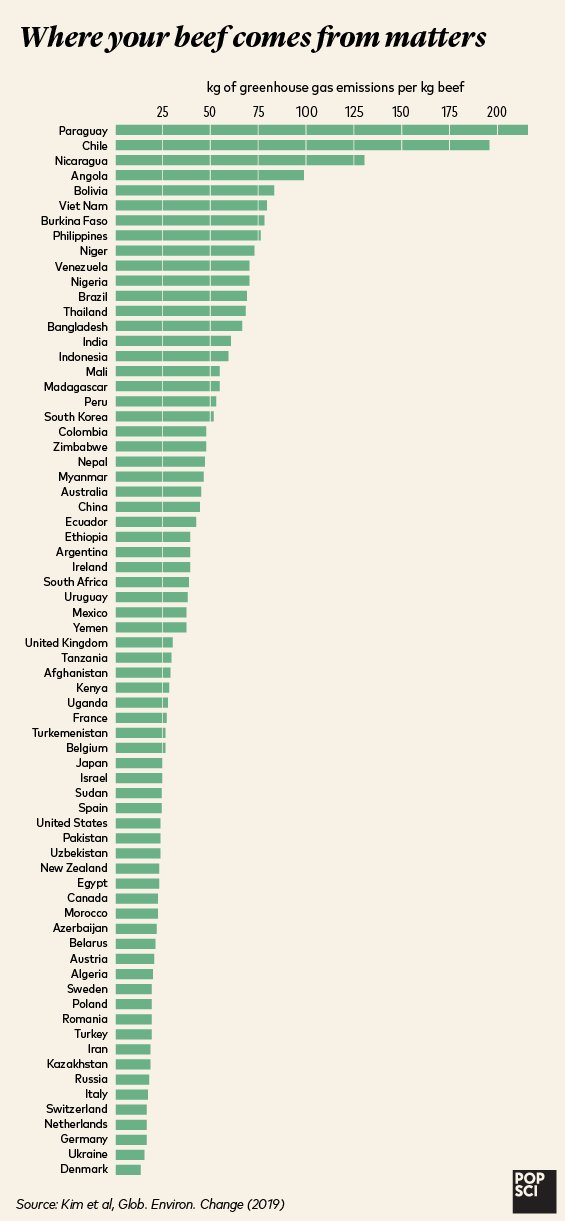 A horizontal bar graph of greenhouse emissions beef by country