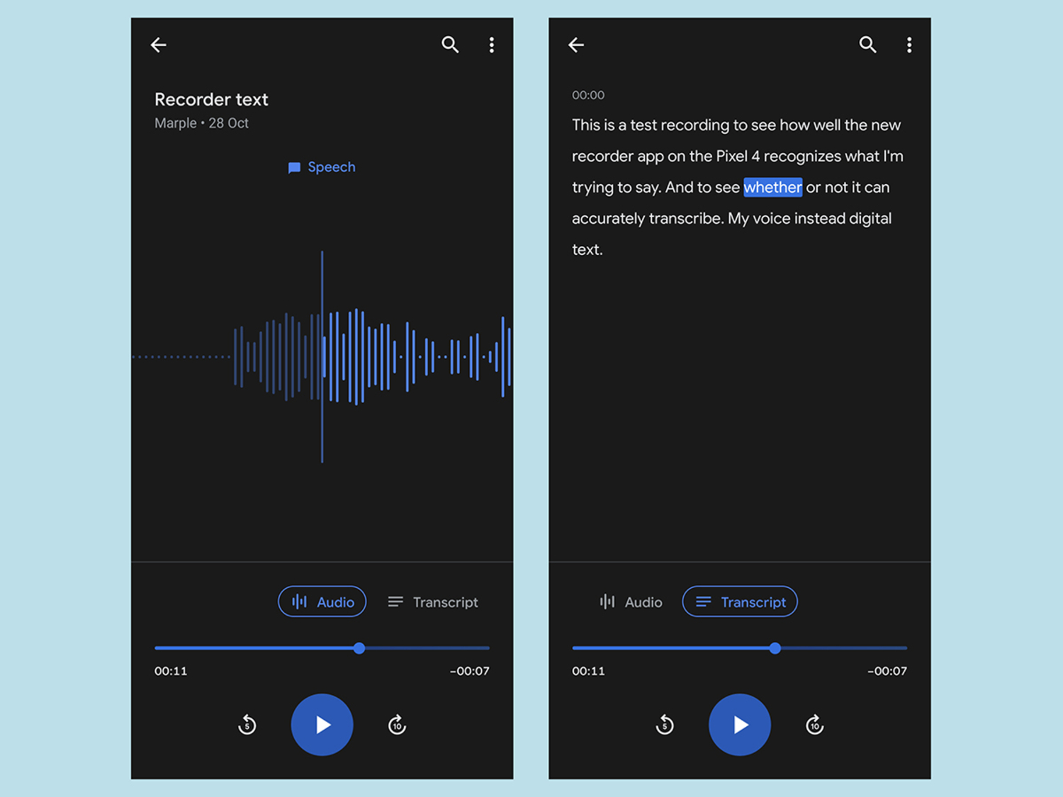 screenshot of recorder app transcribing tool on pixel 4