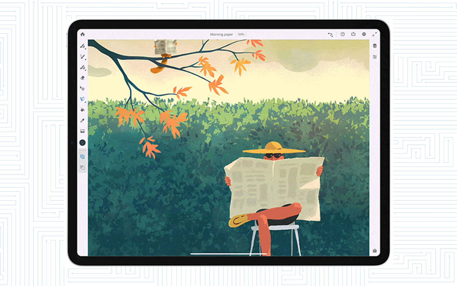 Painting of a man reading newspapers on a tablet