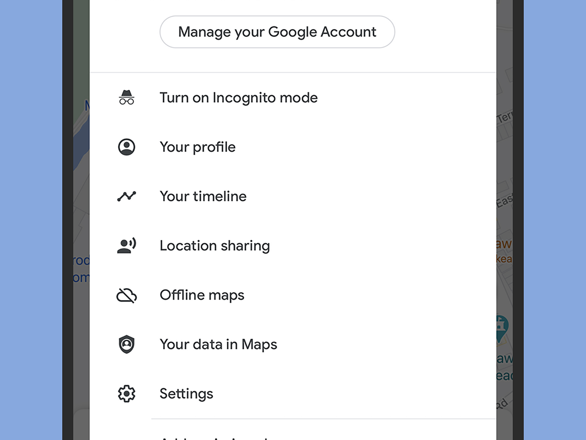 a screenshot of the Google Maps settings with incognito mode