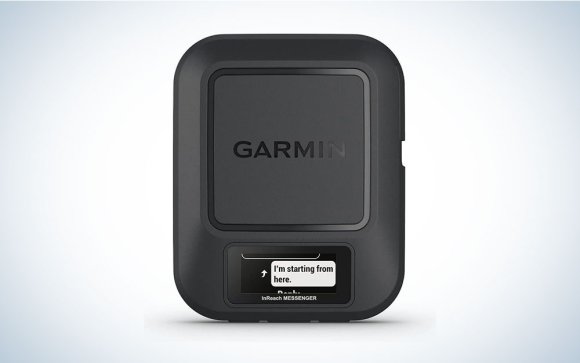 A black, square Garmin inReach Messenger Satellite Communicator on a plain background.