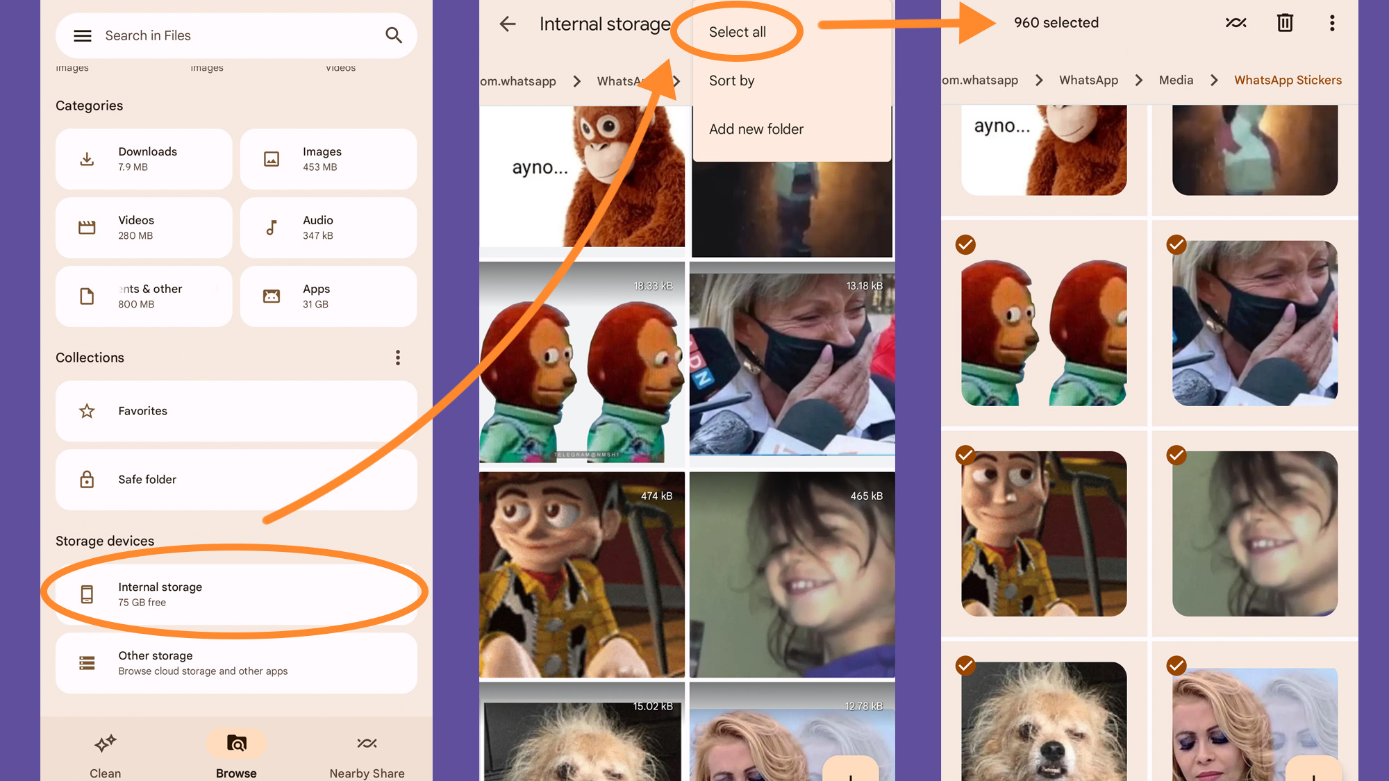 Android settings showing how to find WhatsApp stickers.