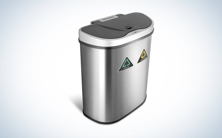 A Ninestar double compartment silver touchless trash can