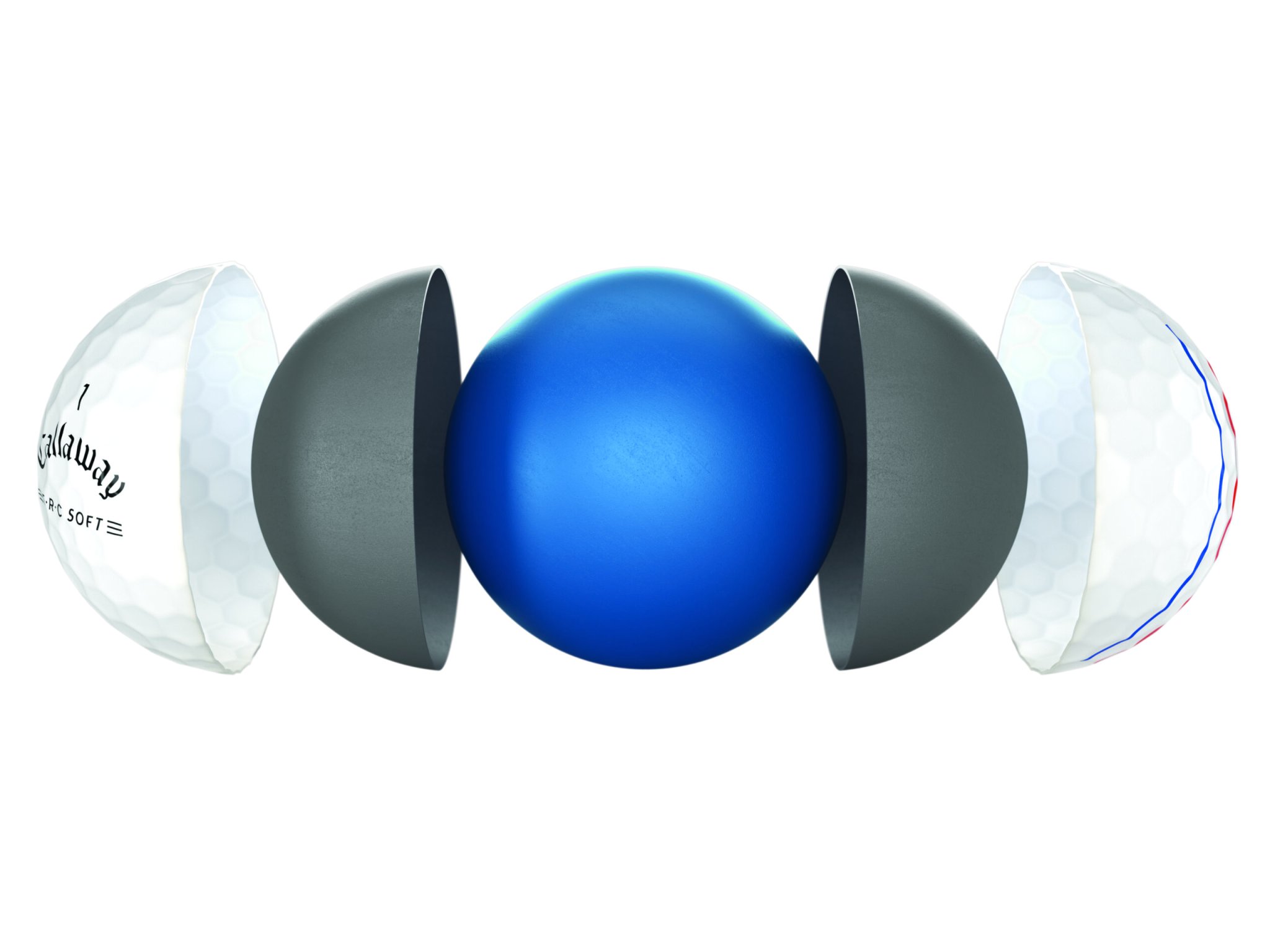 An exploded view of Callaway's golf balls.