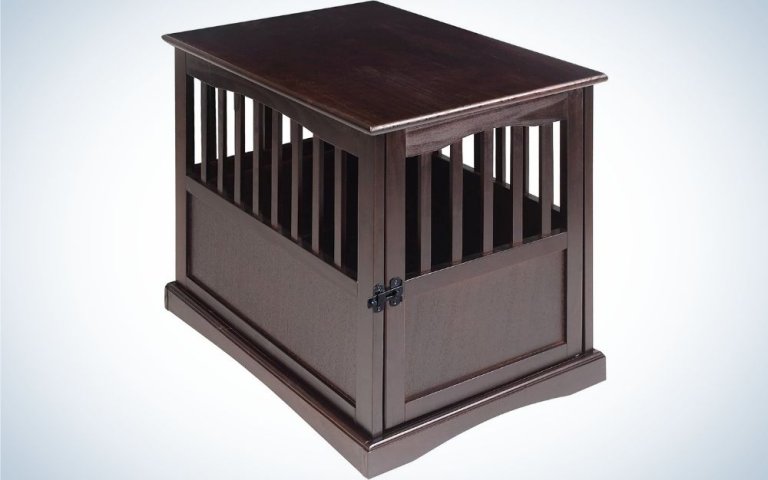 A dark brown dog house in a square form and all doors closed.