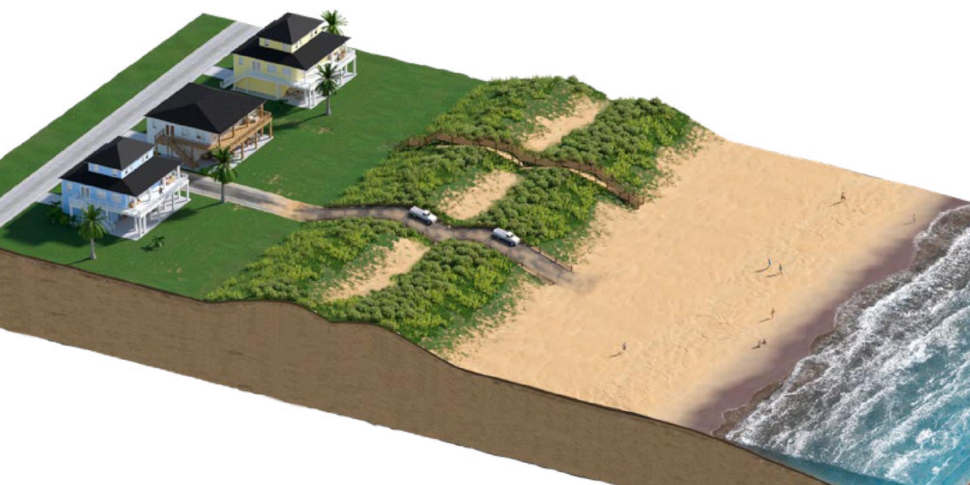 Dunes around the houses on Galveston Island in a drawing