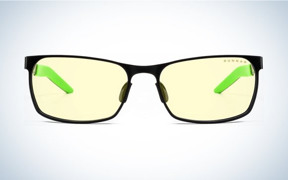 A pair of yellow tinted glasses on a blue and white background.