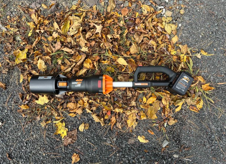 Worx Nitro 40V Pro Leafjet sitting on a pile of leaves