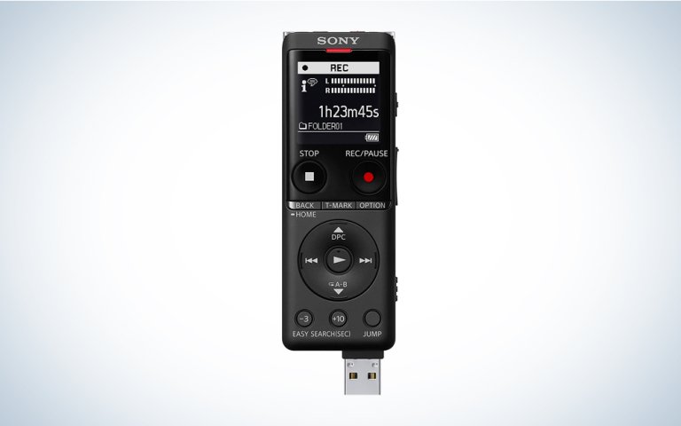 A black Sony ICD-UX570 Digital Voice Recorder on a blue and white background