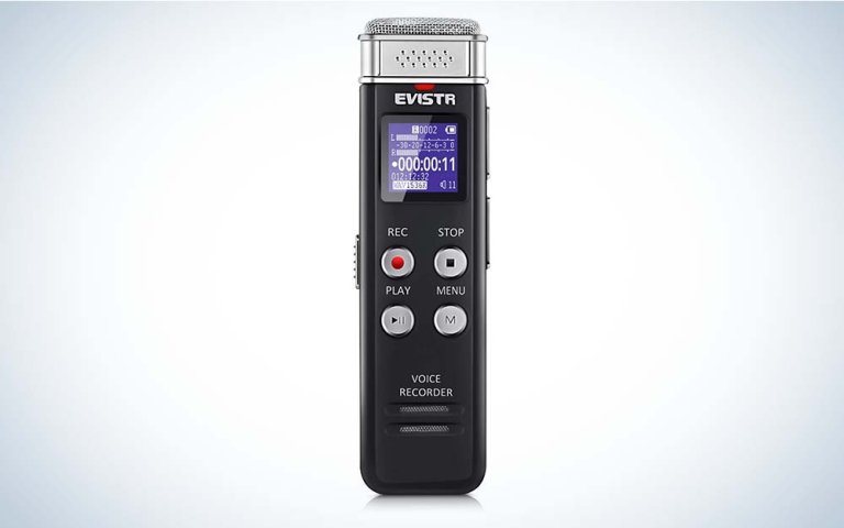 A slim black digital voice recorder made by Evistr against a gray gradient background.