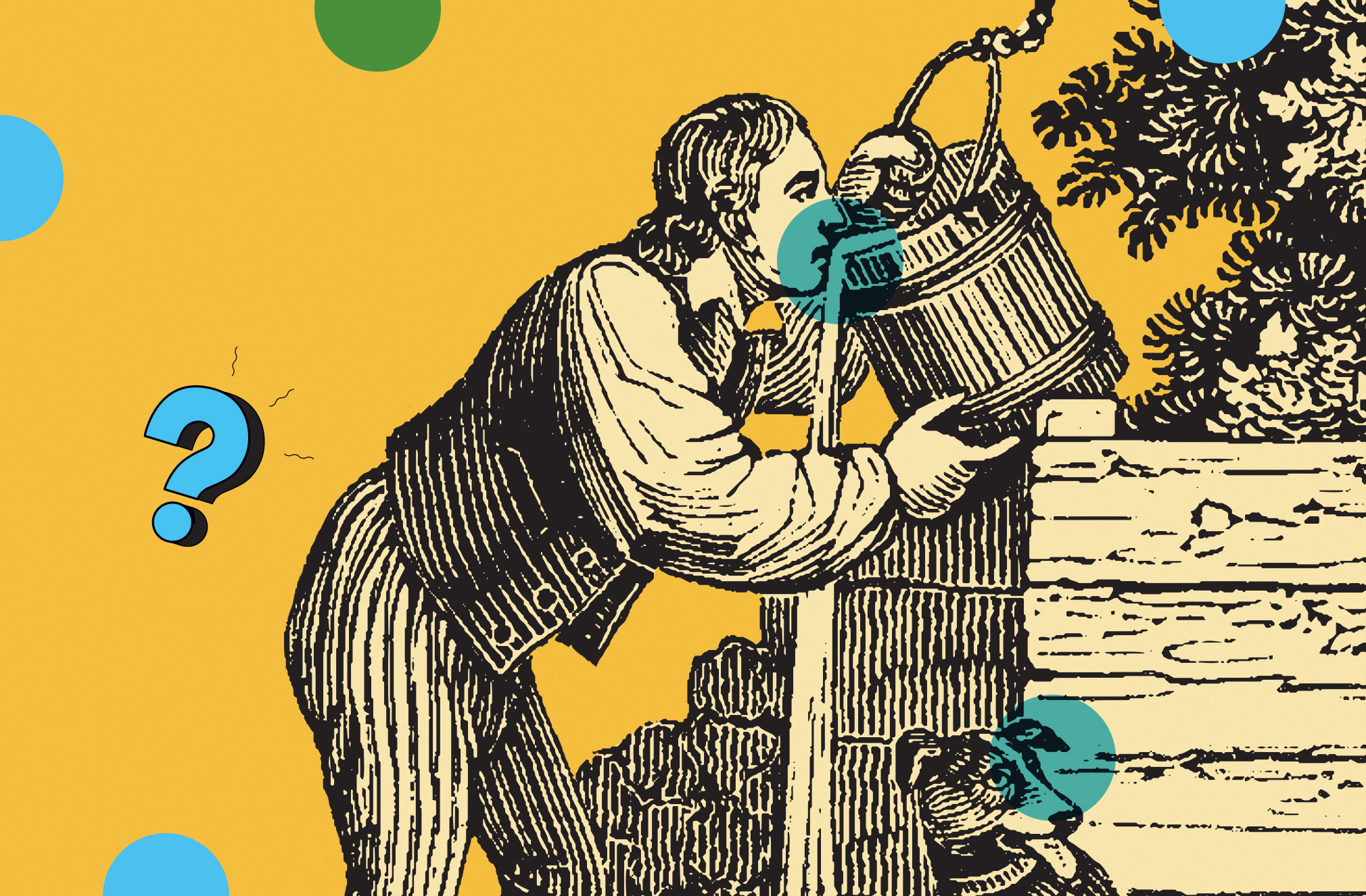 art illustration of a person drinking from a bucket.