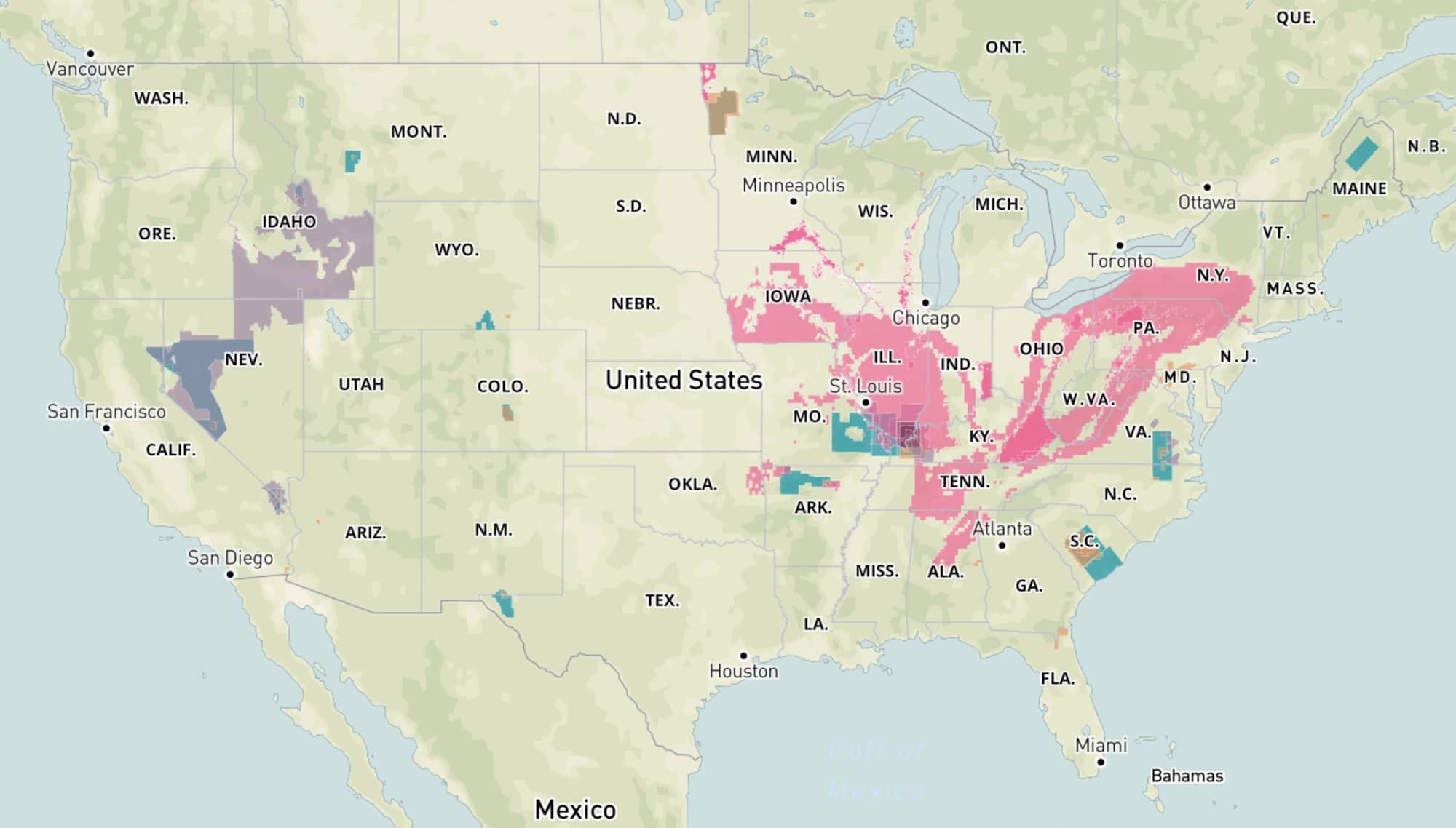 US map with stated shaded in purple, pink, and blue