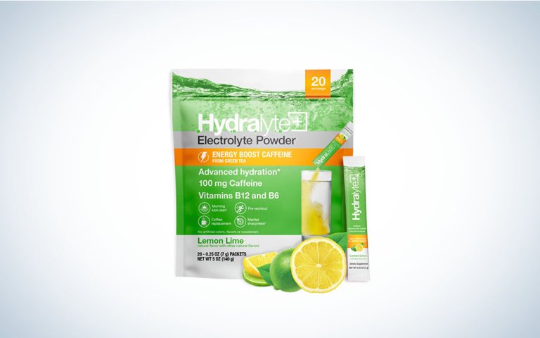 A Hydralyte electrolyte mix package on a plain background.