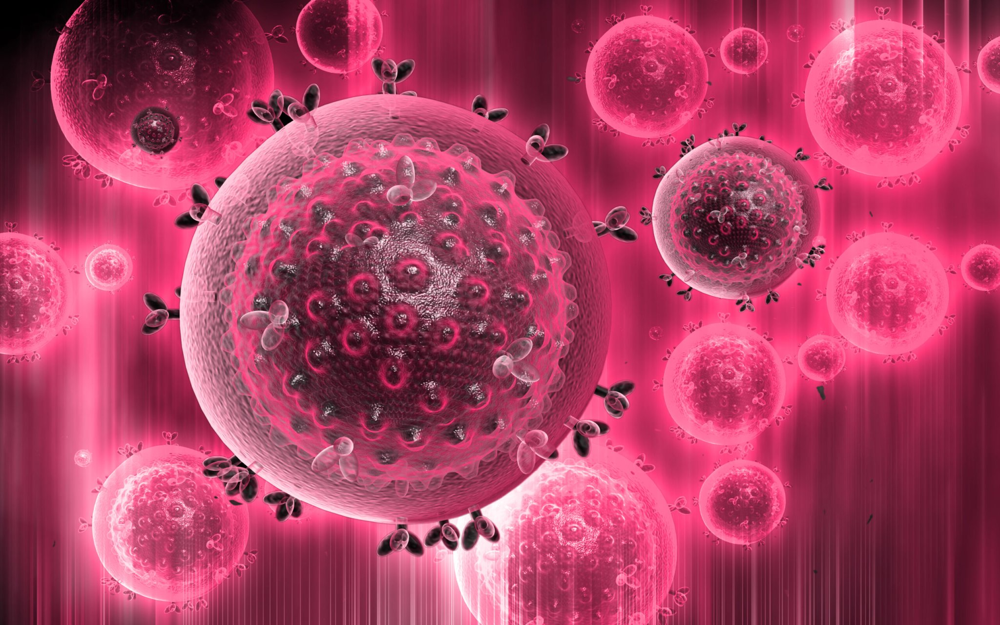 Hot pink, floating, circular HIV particles like those discovered in high virulent varient.