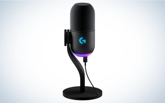 Black Logitech G Yeti GX microphone for streaming with an RBG color ring and a base against a white background