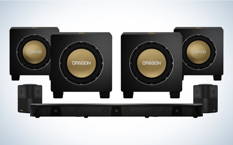 Black Nakamichi wireless surround sound system with soundbar satellites and four subwoofers with the word Dragon on their copper woofers