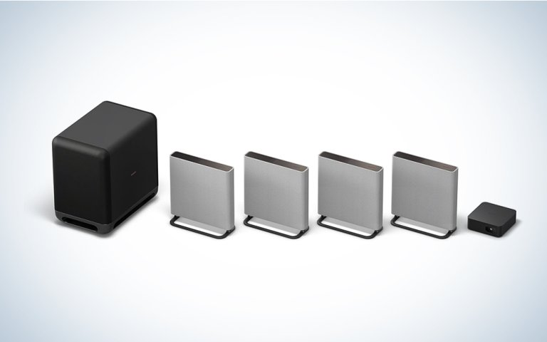 Sony BRAVIA Theater Quad Home Theater Surround Sound System and SA-SW5 Wireless Subwoofer on a grey gradient