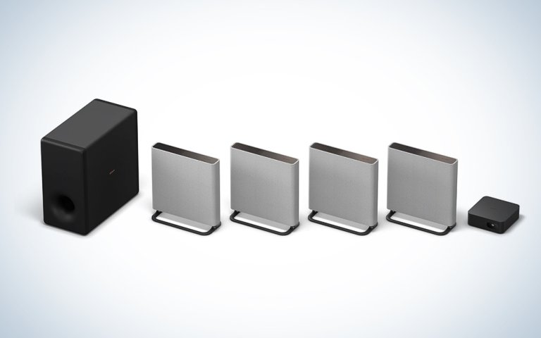 Sony BRAVIA Quad wireless surround sound system with the SW3 subwoofer on a gradient product card background