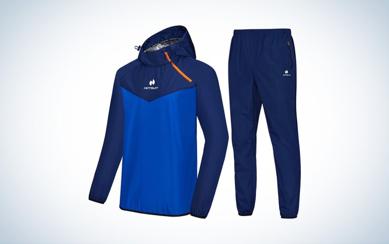 A blue sauna suit with jacket and pants against a white background