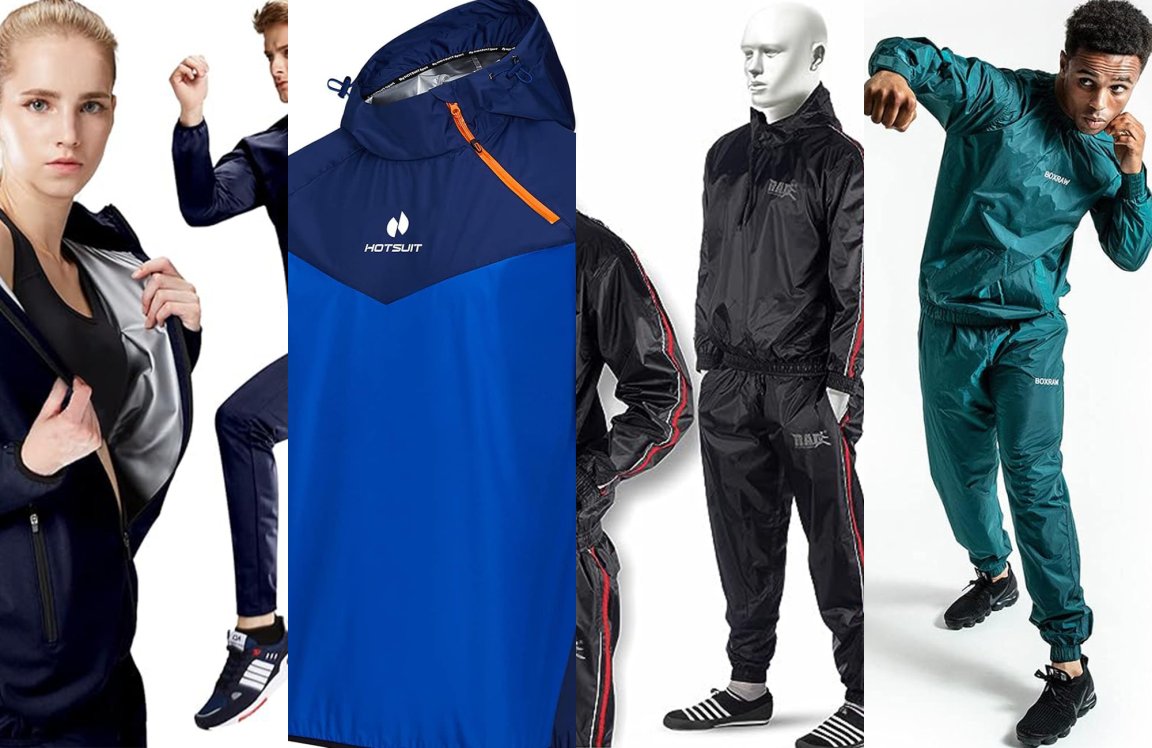 four of the best sauna suits sliced together against a white background