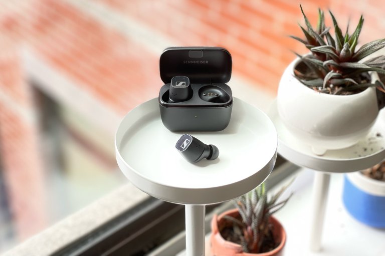 Sennheiser CX True wireless earbuds on a plant stand