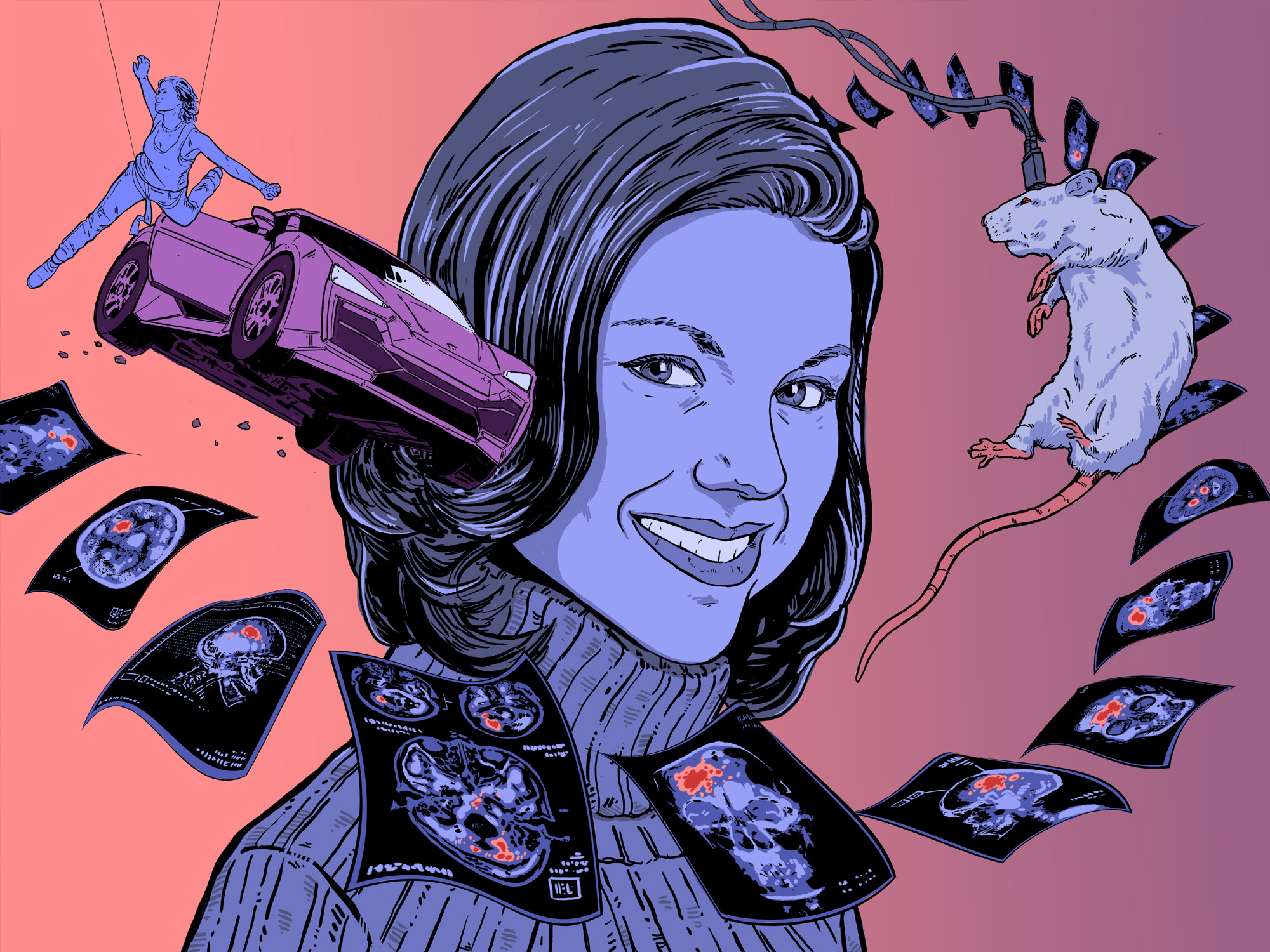 Illustration of McMichael with car and rat and brain scans