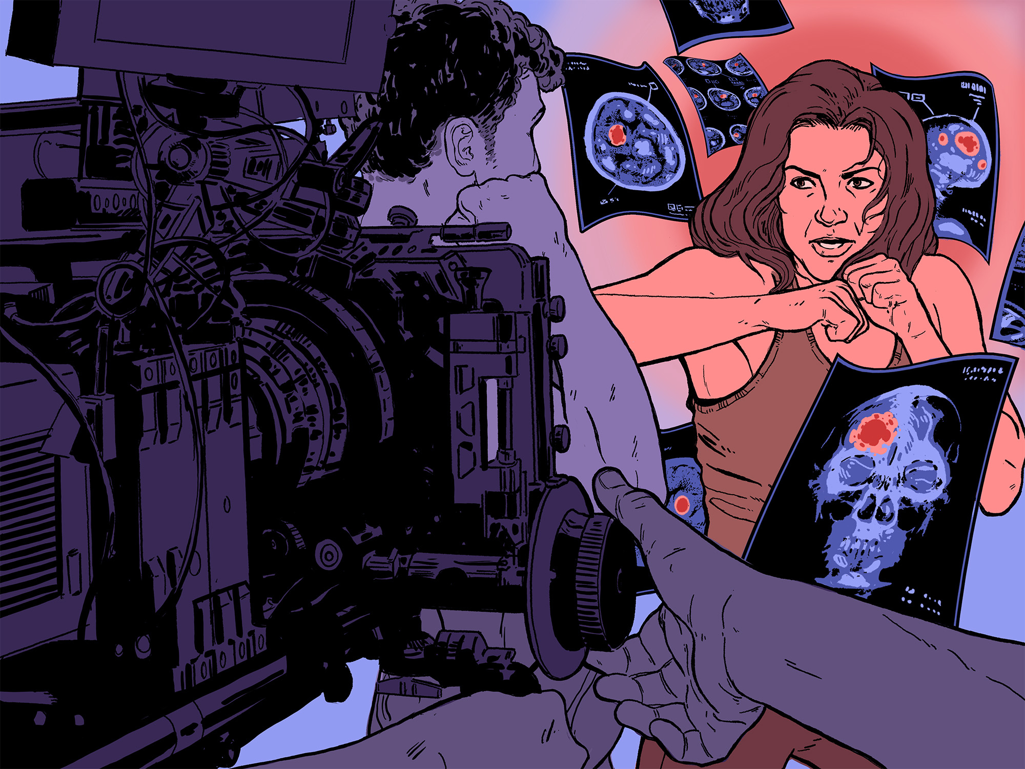 Illustration of woman in stunt fight with brain scans around her