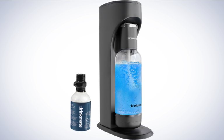 Drinkmate OmniFizz Sparkling Water and Soda Maker on a plain white background.