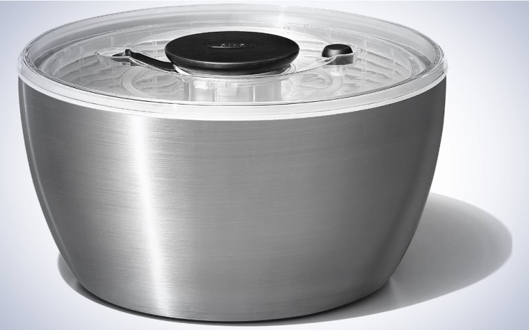 OXO Good Grips Stainless Steel Salad Spinner on a plain white background.