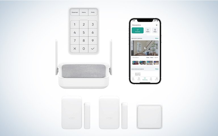 A Wyze smart home security system on a blue and white background.