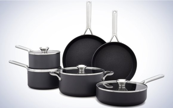 OXO Ceramic Professional Non-Stick 10-Piece Cookware Set on a plain white background.