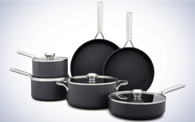 OXO Ceramic Professional Non-Stick 10-Piece Cookware Set on a plain white background.