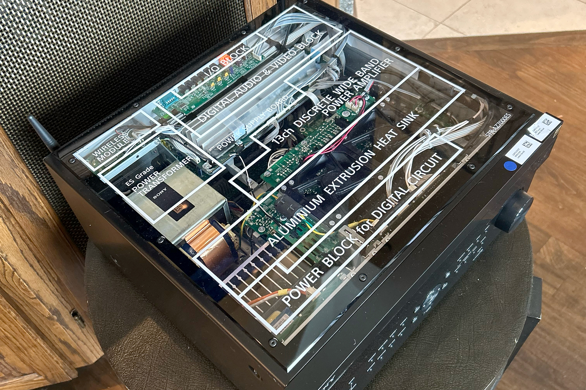 The Sony ES STR-AZ7000ES receiver with a clear plexiglass top cover