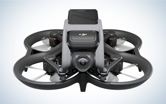 The DJI avata drone by itself with the camera facing forward on a plain background
