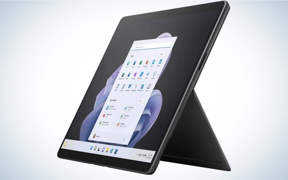 Microsoft Surface 9 Pro on a stand on a plain background