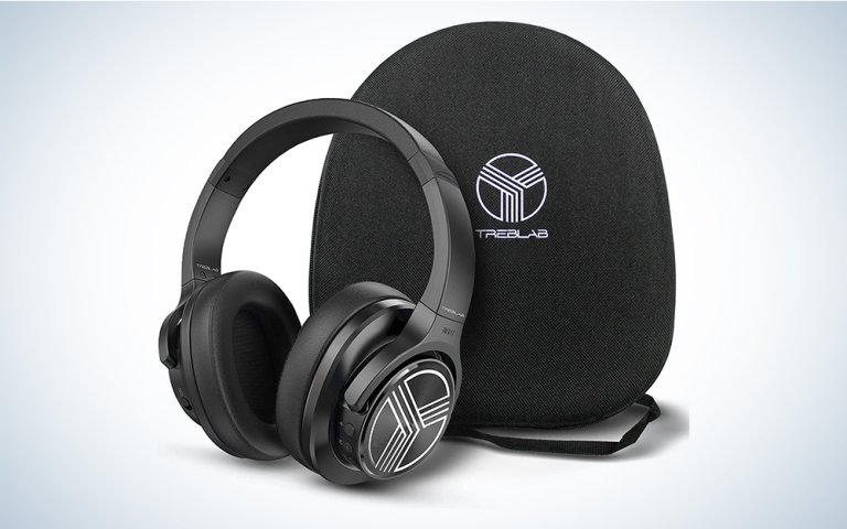 A pair of Trelab Z2 over-ear workout headphones on a blue and white background
